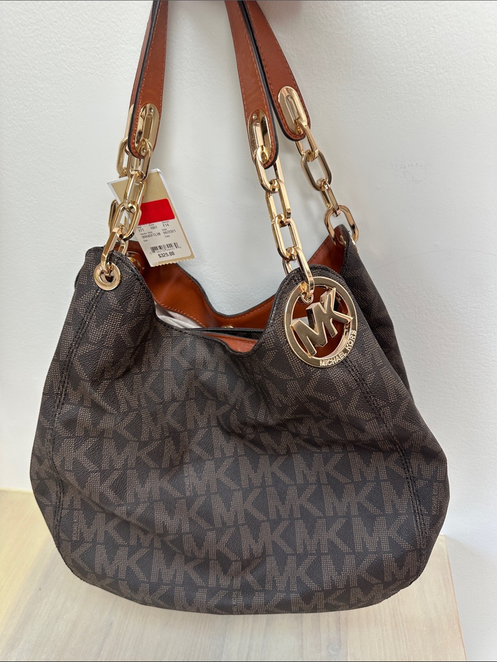 Michael Kors Dark Brown Monogram Shoulder Bag with Gold Hardware